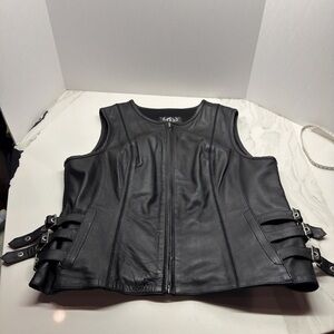 Biker Black Leather Zip Front Women's Vest with Side Buckle Detail